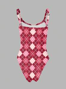 女士时尚性感数码格子印花连体衣 - 彩色 - 查看 2