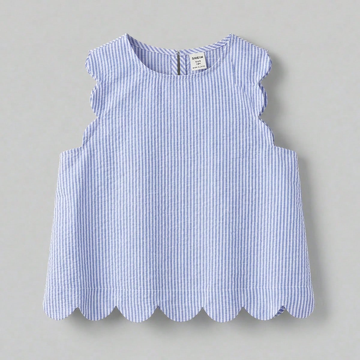 Top sin mangas elegante y casual con cuello redondo para niña preadolescente, diseño de volantes de punto de bambú a rayas azul y blanco, adecuado
