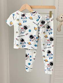 SHEIN 男童宇航员太空印花休闲简约修身圆领短袖睡裤套装，适合所有季节 - 白色 - 查看 2