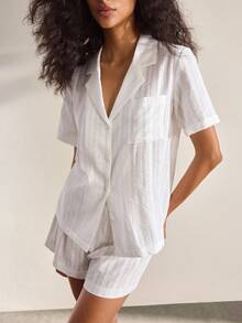 Ocili Natural Soft & Skin-Friendly Cotton Jacquard Lapel Short Sleeve & Shorts Pajama Set For Women - White - View 5