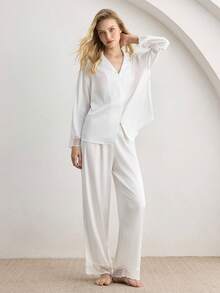 Ocili Women's Solid Color Long Sleeve Single-Breasted Top And Pants Pajama Set - White - View 2