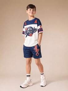 2 pièces Ensemble t-shirt à col rond à manches courtes et short pour garçon préadolescent avec éléments de course, patchwork, couleurs contrastées, impression de lettre et numéro américains 67. Convient pour les déplacements, l'école, le casual quotidien, l'extérieur, les sports, le printemps/été, les vacances à la plage - Multicolore - Voir 4