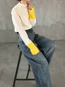 FRIFUL Áo thun nữ cổ cao tay dài ôm sát cổ tay, phối màu, viền lượn sóng, kiểu dáng thường ngày. - Màu be - Xem 7