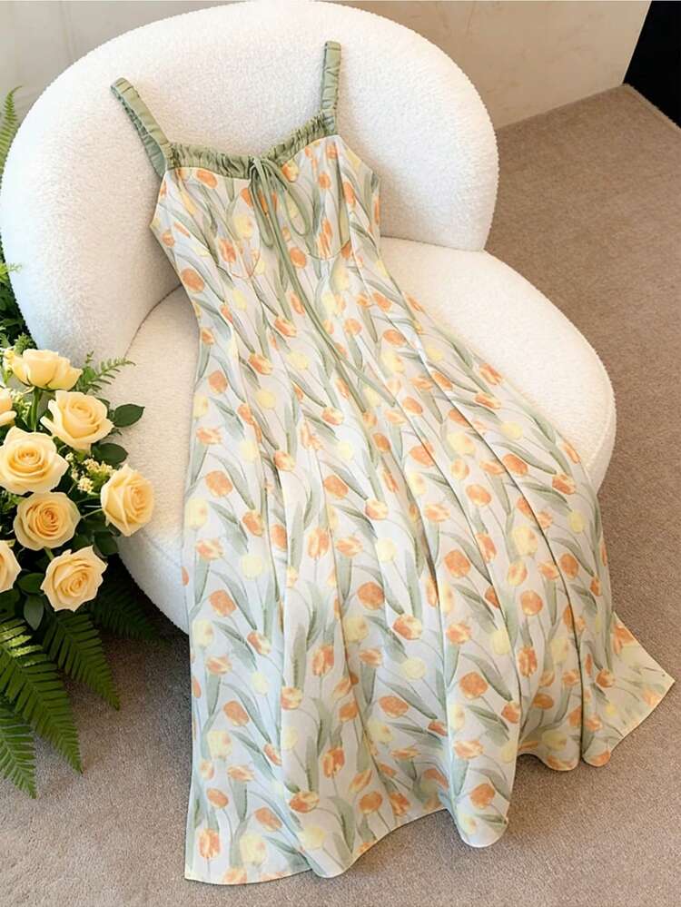 GlowEve Vestido con estampado de tulipanes, vestido de verano sin mangas con diseño floral artístico para vacaciones - Multicolor - Añade 3