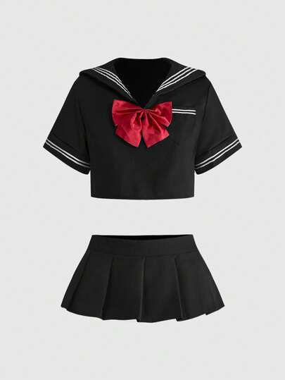 ROMWE Avant 3件套动漫公主梅洛迪角色扮演服装：水手领、蝴蝶结和百褶裙
