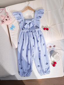Emery Rose Kids Emery Rose Kids 女童编织条纹蝴蝶结装饰荷叶边下摆休闲连体裤 - 彩色 - 查看 6