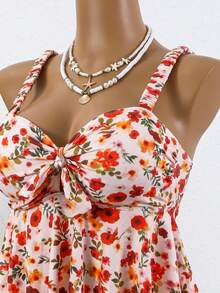 Swim Mod 2pcs/Set Girls' Ribbed Ditsy Floral Ruched Strap Tankini Top And High Waist Ruffled Hem Bikini Bottom Swimwear - Multicolor - View 2