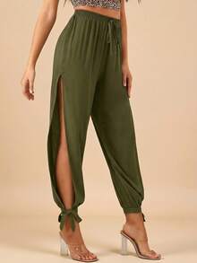 Travachic Split Thigh Knot Hem Solid Pants Spring Summer Clothing - Olive Green - View 4