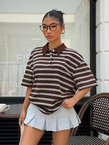 Muchica Brown Striped Knit Casual Women's Short-Sleeved T-Shirt, Summer, Beachwear, Vacation Wear, Resort Wear - Multicolor - View 3