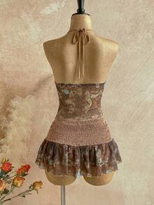 Soleia Women's Vacation Cashew Print Cropped Halter Top And Mini Skirt Fashion Set - Khaki - View 2