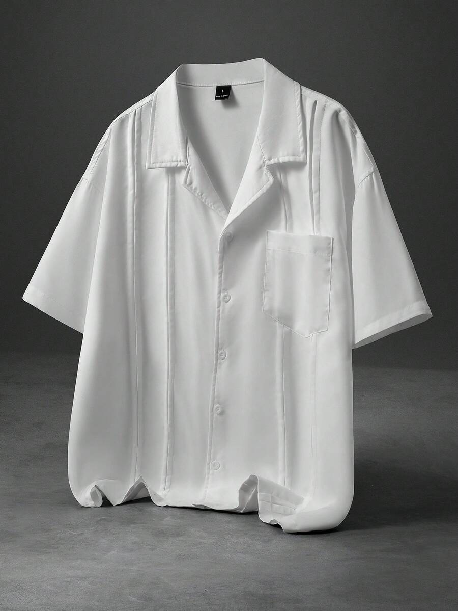 PAVTROS Áo sơ mi nam tay ngắn dáng rộng, màu trơn, cổ , thiết kế xếp ly, kiểu dáng thường ngày. - trắng - Xem 1