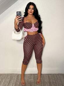SHEIN SXY Bộ quần lửng 3/4 chấm bi đỏ gợi cảm cho ngày Valentine - màu nâu - Xem 7