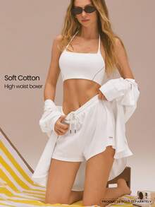 GLOWMODE Cotton-Blend Big Softie High-Rise Ultra-Soft Lightweight Drawstring Tie-Waist Boxer Shorts Daily Casual Wear - White - View 1