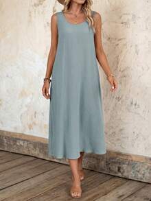 EMERY ROSE Women Loose Texture Round Neck Simple Summer Tank Dress - Dusty Blue - View 4