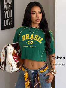 Coolane 男女夏季情侣同款街头风返校季棉质条纹纹理装饰宽松绿色露脐短款针织T恤 - 綠色 - 查看 3
