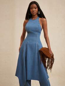 NYA SZN Vestido de mezclilla con cintura ceñida y cuello halter, elegante para citas y salidas - Azul lavado medio - Ver 3
