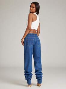 NYA SZN Denim Mid Rise Dark Wash Denim Jeans Stacked Casual Everyday Classy Modest Western Country Streetwear Trousers Spring Summer Outfits For Women - Medium Wash - View 2