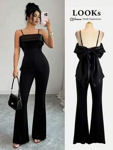 SHEIN Franclia Bộ jumpsuit satin thanh lịch không dây vai, xếp ly, có chi tiết nơ phía sau dành cho nữ. - màu đen - Xem 4