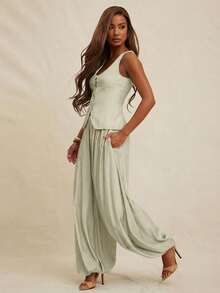 NYA SZN 女士套装（上衣+裤子）上衣背心深V领纽扣修身长裤高腰飘逸褶皱裤适合办公室、商务休闲、日常休闲、早午餐、端庄教堂、秋冬季通勤穿着 - 米色 - 查看 5