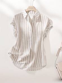 Franclia Apricot Striped Fabric Blouse For Women Casual Regular Length Short Batwing Sleeve Shirt With Collar - Apricot - View 1