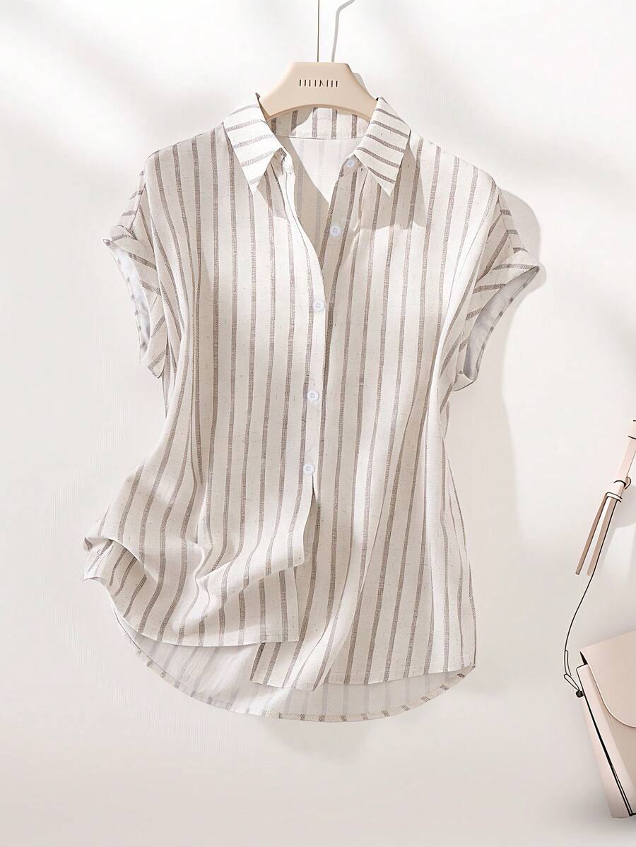 Franclia Apricot Striped Fabric Blouse For Women Casual Regular Length Short Batwing Sleeve Shirt With Collar - Apricot - View 1