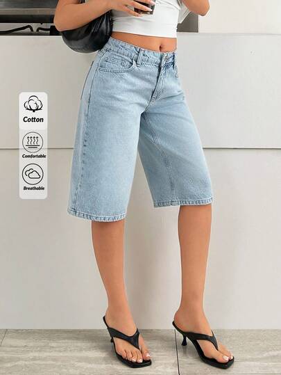 SHEIN Leicht ausgewaschene Jeans-Shorts mit niedriger Taille, Streetwear-Stil, lässig, knielang