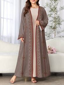 SHEIN Najma 花卉复古印花大码女装连衣裙，女士端庄优雅阿拉伯长袍，时尚长袖开衫长外套，适合春秋季穿着，亚洲服饰 - 彩色 - 查看 1