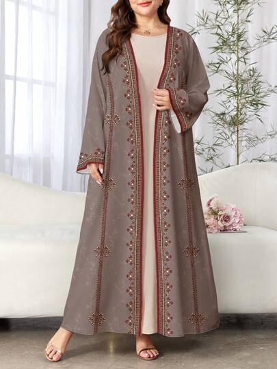 SHEIN Najma Retro Blumen Muster Damen Große Größen Kleid, Damen würdevoller eleganter arabischer Kaftan, modischer Lange Ärmel Cardigan Lange Mantel für Frühling Herbst, Asiatische Bekleidung