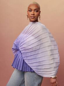 Vixey 薄纱高领长袖荷叶边下摆褶裥纹理欧根纱上衣 - 彩色 - 查看 4