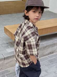 DAZY 男童时尚格子印花短袖衬衫，春夏款 - 棕色 - 查看 2