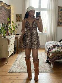 SHEIN HypeZone Women's Leopard Print Plunging Neck Backless Dress - Multicolor - View 1