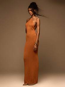 MUSERA Sequin Knit Halterneck Fitted Maxi Dress Spring Summer Elegant Vacation Holiday Ibiza Club Occasion Sexy Evening Wedding Guest Sunset Kiss - Yellow - View 3