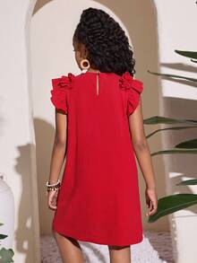 Tween Girls' Casual Daily Vacation Round Neck Ruffle Short Cap Sleeve Straight Dress, 100% Cotton - Red - View 2