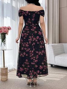 Feyla Plus Size Elegant Floral Print Off Shoulder Dress, Summer Wedding Guest Black And White - Black - View 3