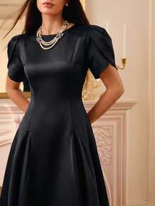 Aveloria Rosie Vestido largo de mujer con diseño de línea A, cuello redondo, mangas de tulipán y abertura en el bajo, de material de satén elegante y de alta gama, estilo europeo y americano - Negro - Ver 2