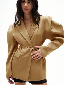 Loose Fit Casual Commuting Versatile Extra Wide Shoulder Silhouette Drawstring Decor Solid Color Blazer - Camel - View 5