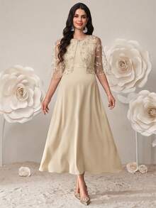 SHEIN 2pcs Maternity Elegant Dress & Embroidered Mesh Jacket Set - Apricot - View 8