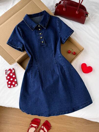 Comfortcana Đầm denim ngắn màu trơn dành cho nữ, kiểu dáng tối giản thời trang cho mùa hè.