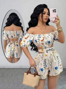 Elenzga 女士休闲优雅杏色碎花露肩系带修身连体裤，春夏款 - 彩色 - 查看 3