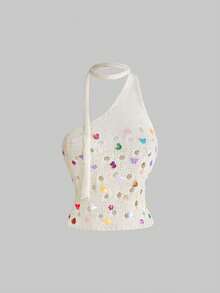 ROMWE Avant 女士镂空蝴蝶花朵串珠系领针织衫，度假风 - 杏色 - 查看 1