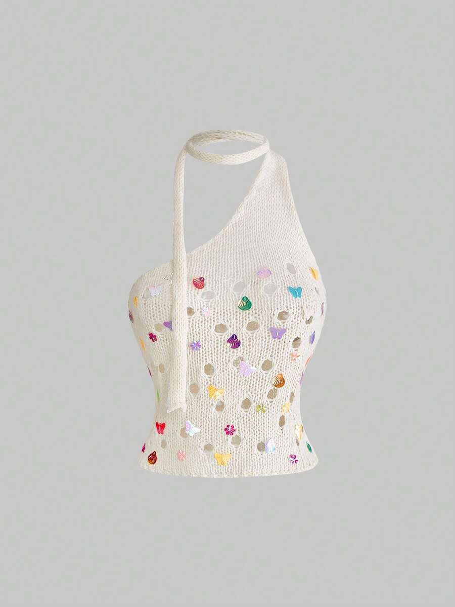 ROMWE Avant 女士镂空蝴蝶花朵串珠系领针织衫，度假风 - 杏色 - 查看 1