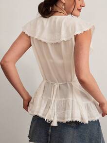 Freevana Bohemian Style White Lace Sleeveless Blouse, V-Neck Drawstring Ruffle Hem Tassel Shirt, Relaxed Loose Flattering Niche Design Top - White - View 2