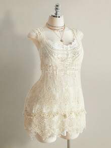 SHEIN ICON Plus Size Women Hollow Design Sleeveless Cover Up Dress, Suitable For Beach Vacation, Music Festival, Coachella - White - View 4