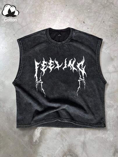 PAVTROS Men's Street-Style Gothic Dark Pattern Washed Fabric Tank Top, Suitable For Outdoor Music Festivals, Daily Wear, Hangouts With Friends, Boyfriend/Husband Gift, Anniversary Gift