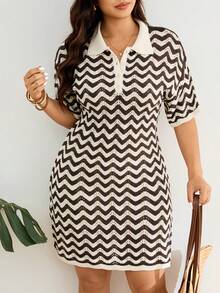 Lounesse 大码休闲条纹镂空针织连衣裙 - 杏色 - 查看 7