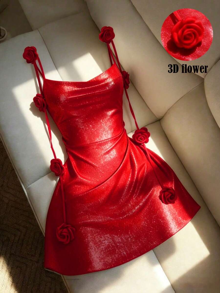 Breezaya 浪漫派对红色吊带连衣裙,派对礼服,亮片连衣裙,3D玫瑰装饰紧身迷你裙,性感露背褶皱设计,适合约会之夜和正式场合的紧身鸡尾酒会礼服,派对礼服,红色连衣裙 - 紅色 - 查看 1