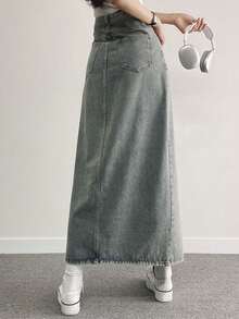 DAZY High-Low Hem Washed Denim Skirt Jeans Skirt - Blue - View 3