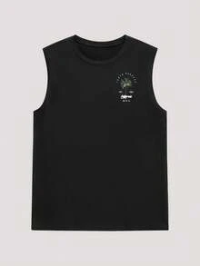 Open Phase Camiseta de tirantes casual de hombre con estampado de árbol de coco y letras, ideal para la primavera y el verano - Negro - Ver 2