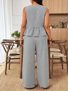 Weeklong Conjunto de 2 piezas de moda casual de primavera/verano, elegante y retro, de cuadros blanco y negro con diseño hueco de flores para ir al trabajo - Blanco y Negro - Ver 2