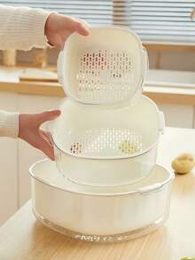 1PC Large Capacity Plastic Drain Basket Double Layer With Handle Durable Space Saving Storage Basket Easy To Drain Sturdy And Lightweight Multicolor Kitchen Strainer Fruit And Vegetable Strainer Basket - Multicolor - View 2
